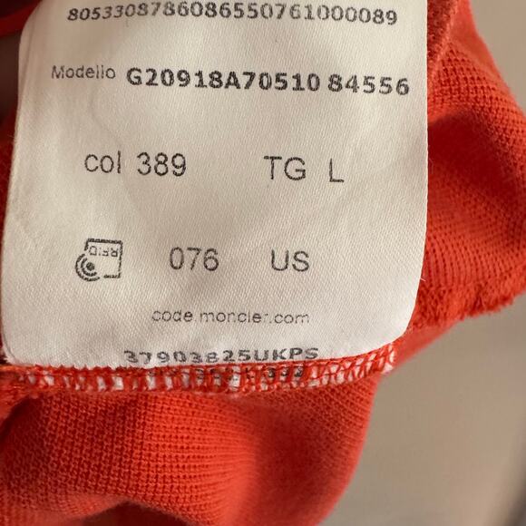 Moncler Men's Orange Short Sleeve Classic Polo Shirt Logo Patch Designer Large - Picture 8 of 10